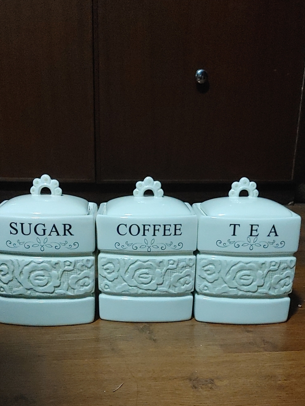 White Ceramic Sugar, Coffee & Tea Canister Set